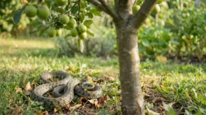Serpente nell'erba sotto un melo carico di frutti in giardino