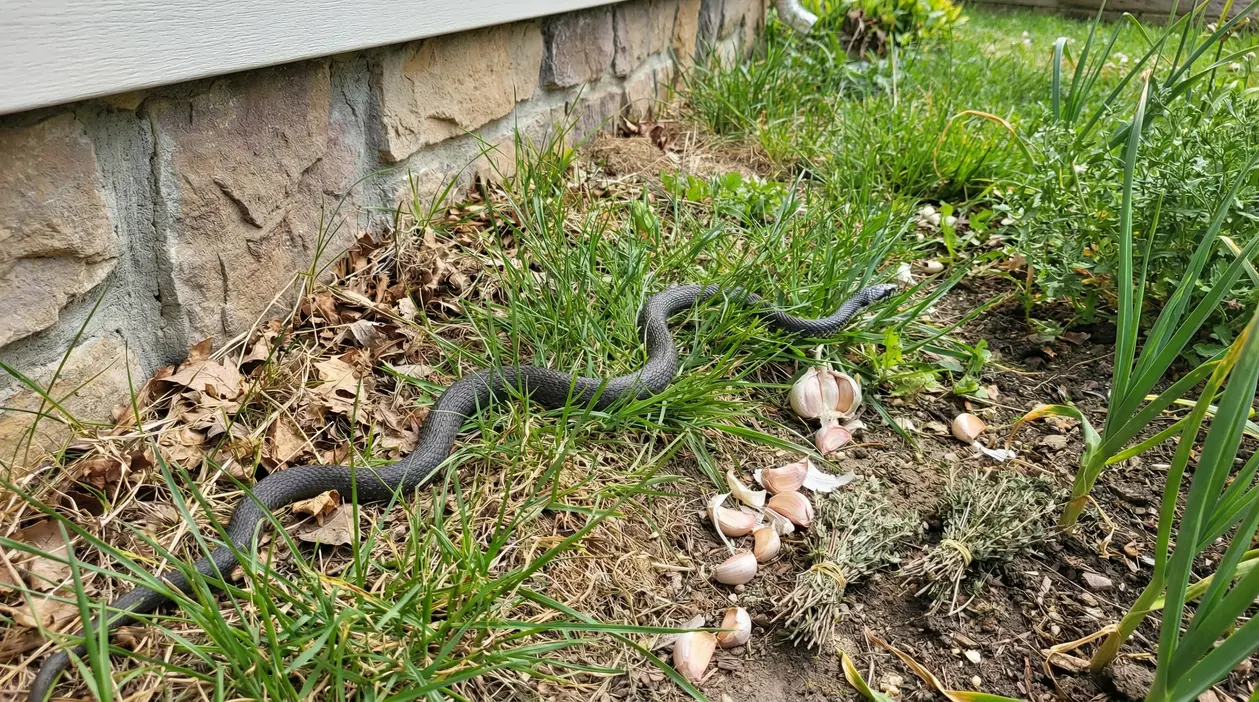 Serpente scuro che striscia nell’erba vicino al muro esterno di una casa, in giardino tra foglie secche e bulbi d’aglio