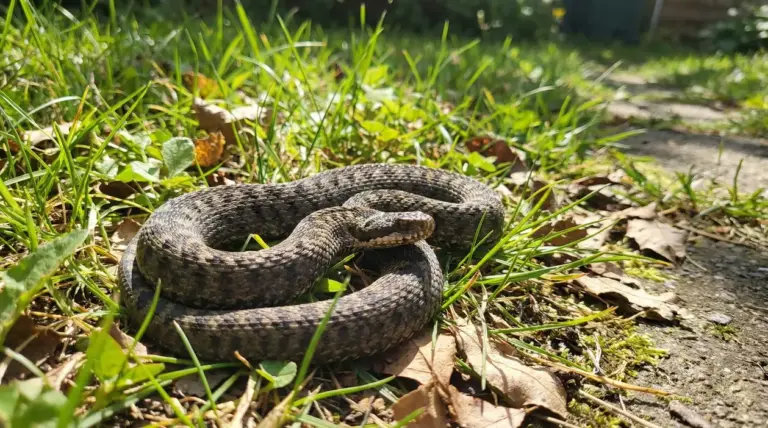 Serpente arrotolato nell’erba del giardino, vicino a un vialetto soleggiato