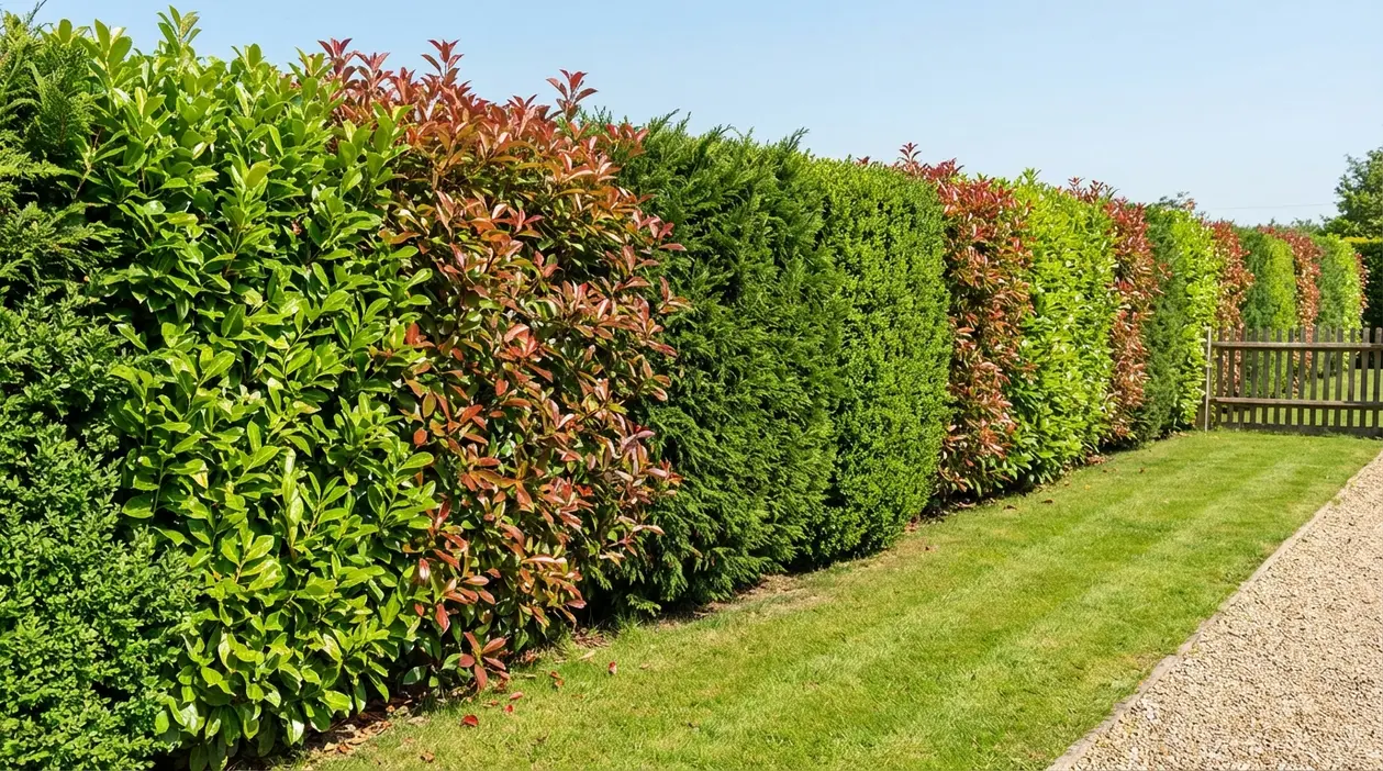 Siepe sempreverde mista in giardino con arbusti verdi e rossastri ben potati lungo il prato