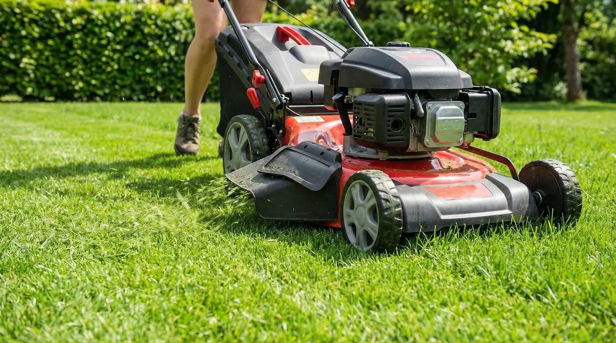 Tosaerba in funzione su un prato verde, con erba tagliata lasciata sul terreno per pacciamatura naturale