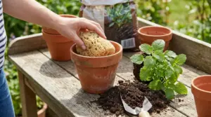 Mano che inserisce una spugna sul fondo di un vaso in terracotta, con terriccio e piantina su un tavolo da giardino