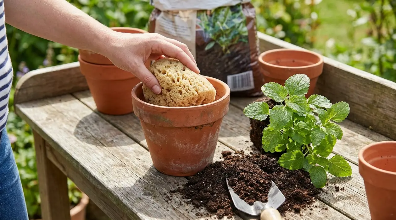Mano che inserisce una spugna sul fondo di un vaso in terracotta, con terriccio e piantina su un tavolo da giardino
