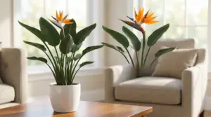 Pianta di strelitzia in vaso bianco su un tavolo in salotto luminoso, associata alla purificazione dell’aria