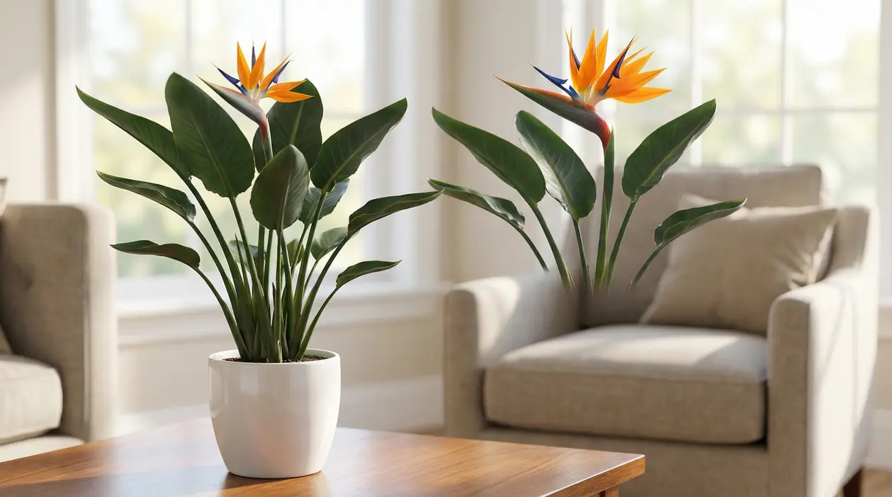 Pianta di strelitzia in vaso bianco su un tavolo in salotto luminoso, associata alla purificazione dell’aria