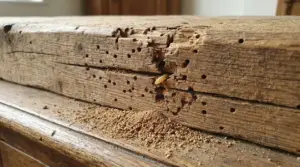Legno tarlato con fori, rosume e larva visibile su una trave in casa