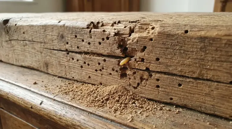 Legno tarlato con fori, rosume e larva visibile su una trave in casa