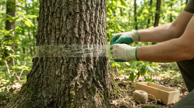 Mani con guanti applicano una fascia adesiva sul tronco di un albero per bloccare i parassiti in un bosco
