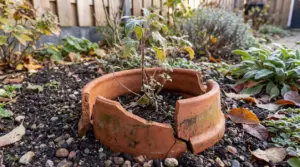 Vaso in terracotta rotto attorno a una pianta fragile in giardino, usato come protezione dal freddo