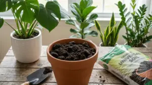 Vaso con terriccio e piante da interno sul tavolo vicino a un sacco di terriccio universale