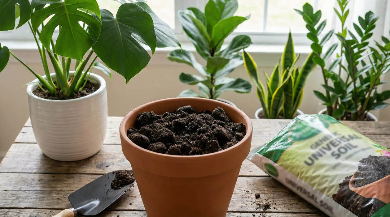 Vaso con terriccio e piante da interno sul tavolo vicino a un sacco di terriccio universale