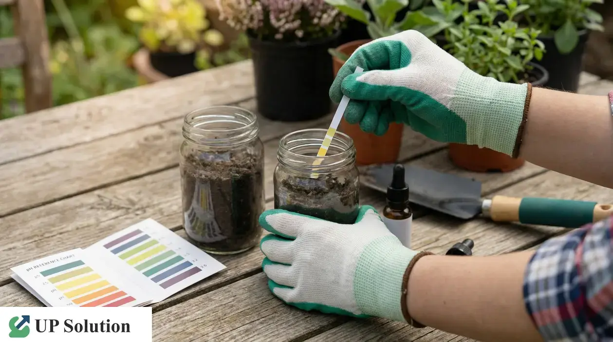 Test fai da te del pH del terreno con striscia indicatrice in un barattolo di terra, su tavolo da giardinaggio