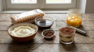Ingredienti e tiramisù in bicchiere con cacao, caffè, savoiardi e crema su tavolo di legno