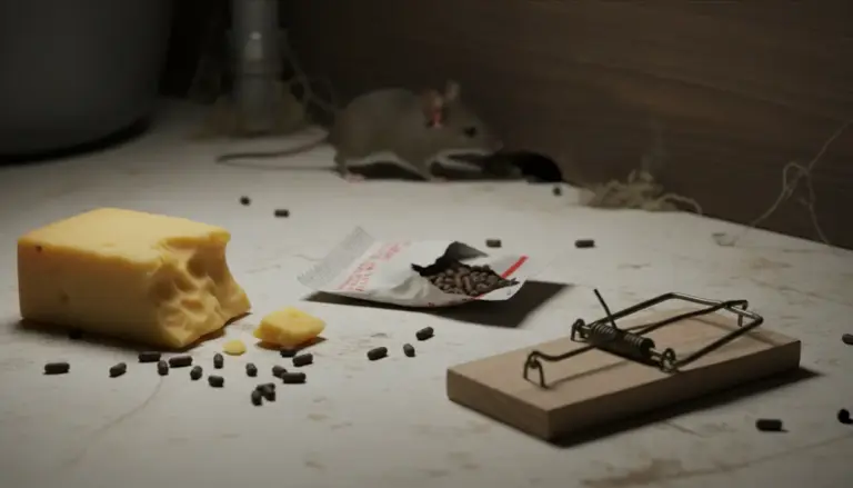 Topo in cucina vicino a formaggio, esche e trappola per topi su un pavimento sporco