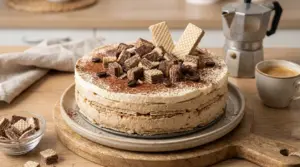 Torta fredda wafer e caffè con strati cremosi, cacao in superficie e decorazione di wafer, cioccolato e chicchi di caffè