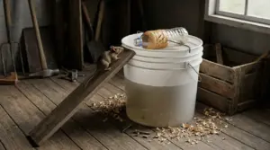 Topo vicino a una trappola fai da te con secchio, rampa di legno e bottiglia con esca al burro di arachidi