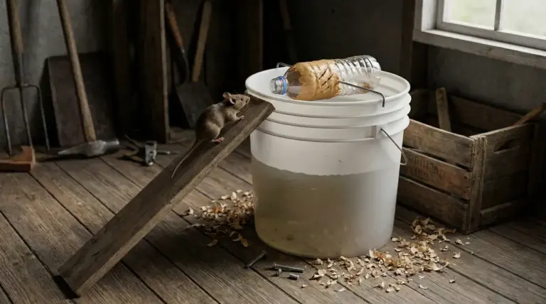 Topo vicino a una trappola fai da te con secchio, rampa di legno e bottiglia con esca al burro di arachidi