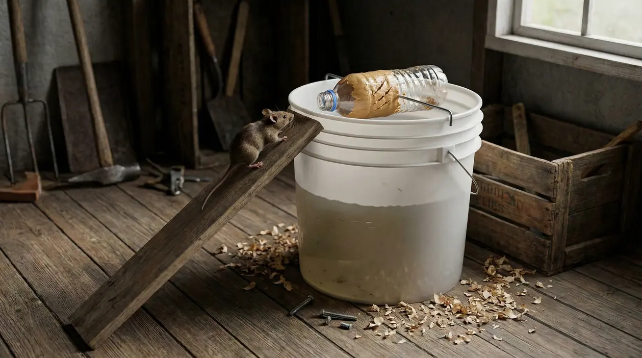 Topo vicino a una trappola fai da te con secchio, rampa di legno e bottiglia con esca al burro di arachidi