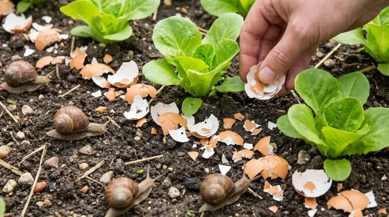 Mano sparge gusci d’uovo nel terreno dell’orto tra piantine di insalata e lumache