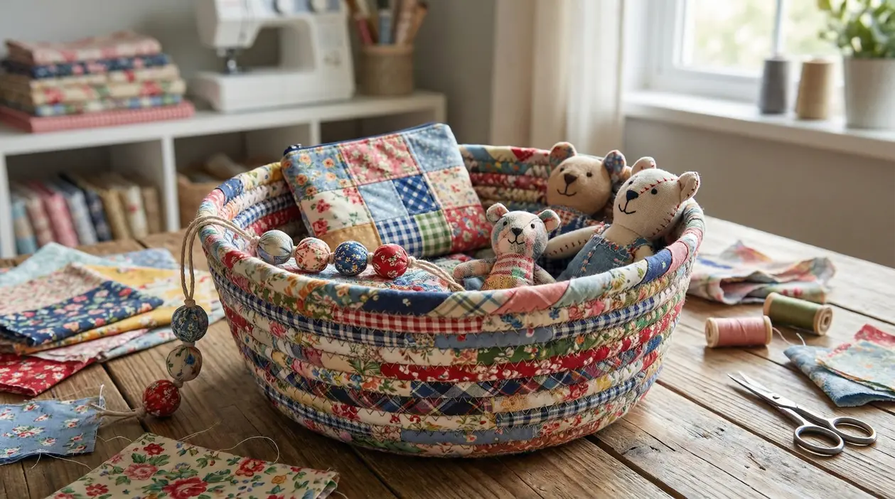 Cestino in patchwork con avanzi di tessuto, con pupazzi e cuscino cuciti a mano su tavolo da cucito