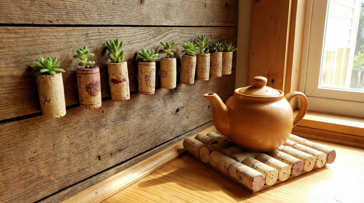 Tappi di sughero riutilizzati come mini vasi per piante grasse e sottopentola fai da te accanto a una teiera