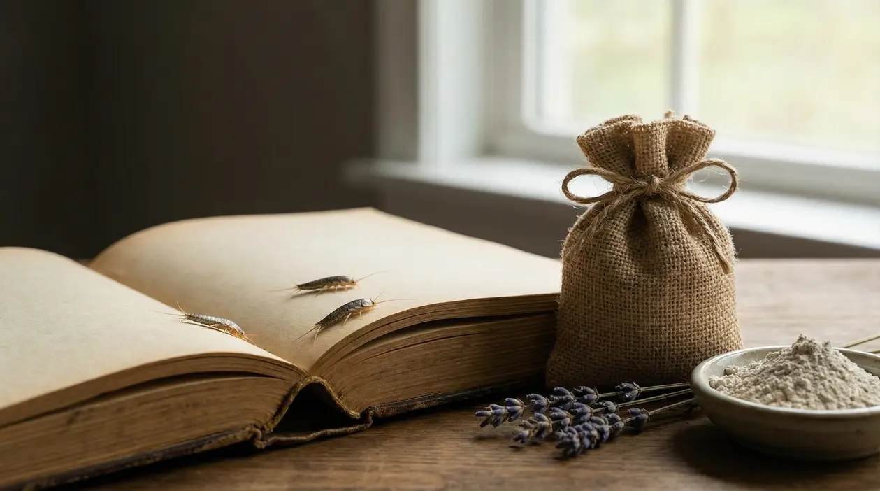 Pesciolini d’argento su un libro aperto con sacchetto di juta e polvere naturale su un tavolo vicino a una finestra