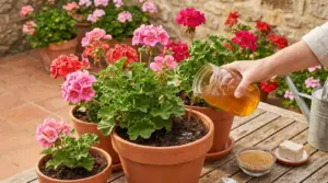 Mano che versa una soluzione naturale su gerani fioriti in vaso su un tavolo da giardino