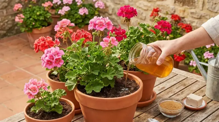 Mano che versa una soluzione naturale su gerani fioriti in vaso su un tavolo da giardino