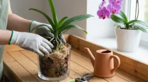 Persona con guanti rinvasa un’orchidea in vaso di vetro con corteccia e muschio, su tavolo vicino a finestra