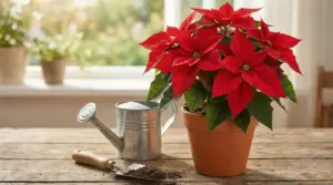 Stella di Natale in vaso di terracotta accanto ad annaffiatoio e paletta su tavolo vicino a una finestra