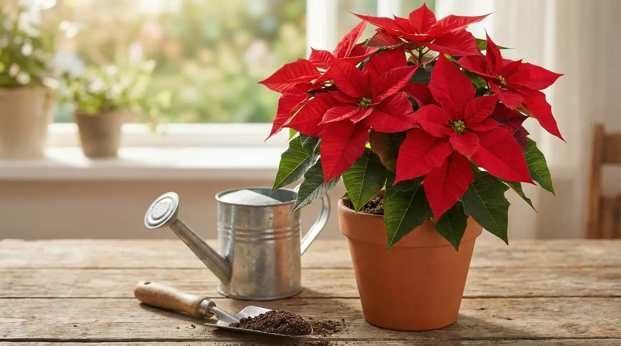 Stella di Natale in vaso di terracotta accanto ad annaffiatoio e paletta su tavolo vicino a una finestra