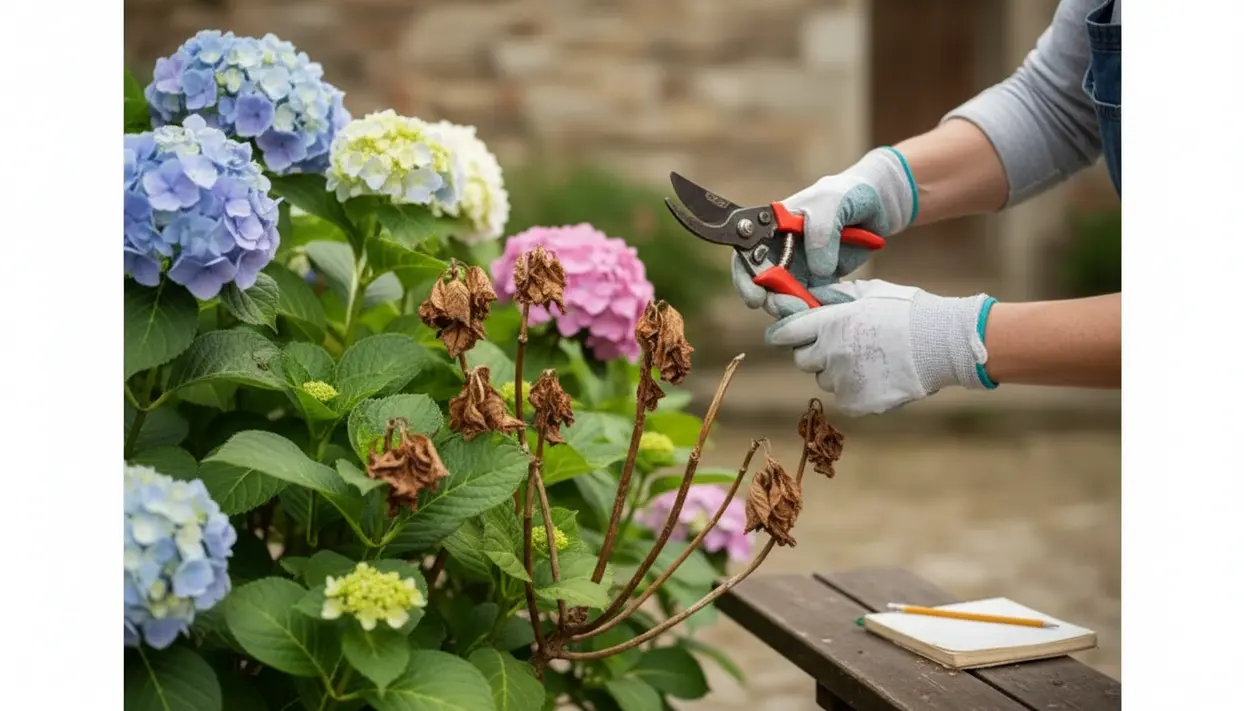 Mani con guanti e cesoie che potano ortensie con fiori secchi, accanto a infiorescenze blu e rosa in giardino