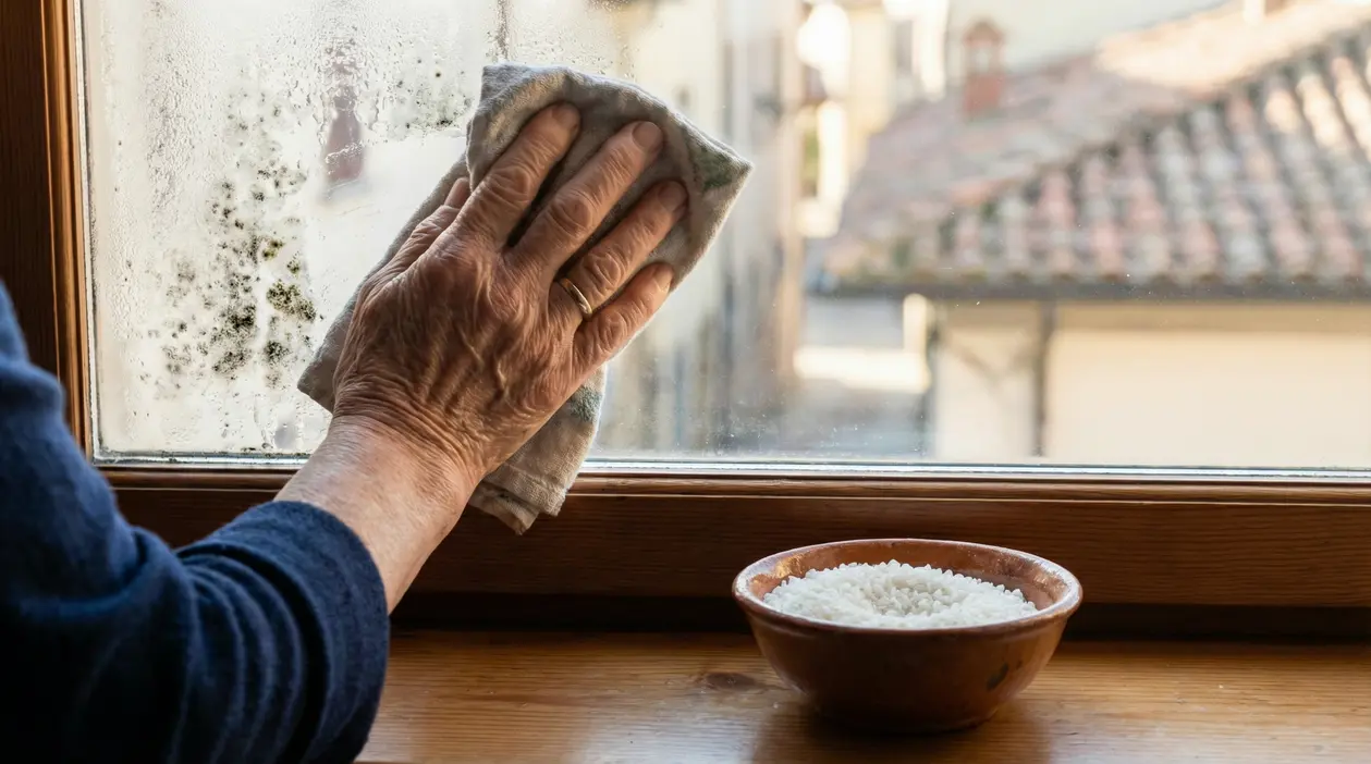 Una persona pulisce il vetro con un panno, rimuovendo muffa e condensa vicino a una finestra