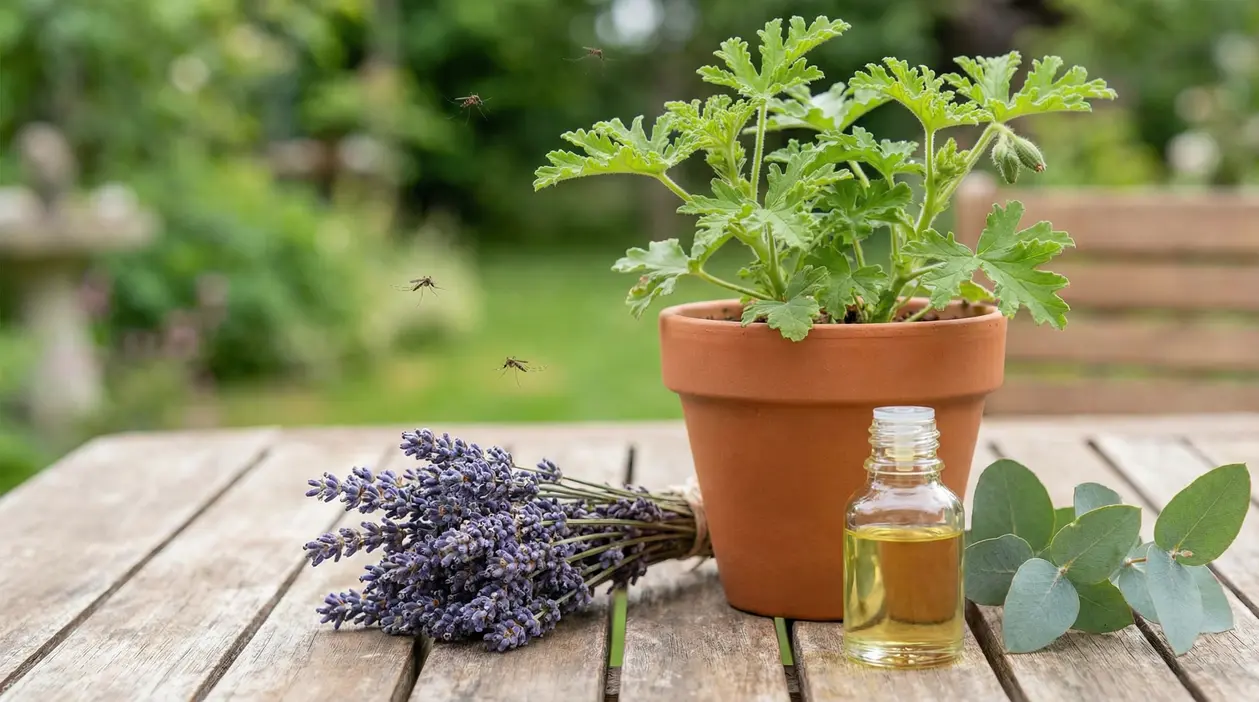 Pianta aromatica in vaso con lavanda e olio essenziale su tavolo da giardino, rimedio naturale contro le zanzare