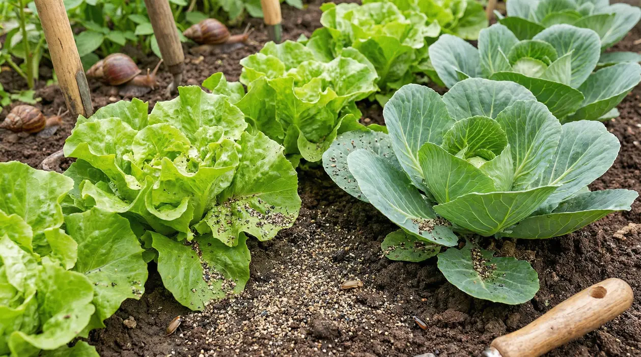 Pepe nero sparso nel terreno dell’orto tra lattuga e cavolo, con lumache vicino alle piante