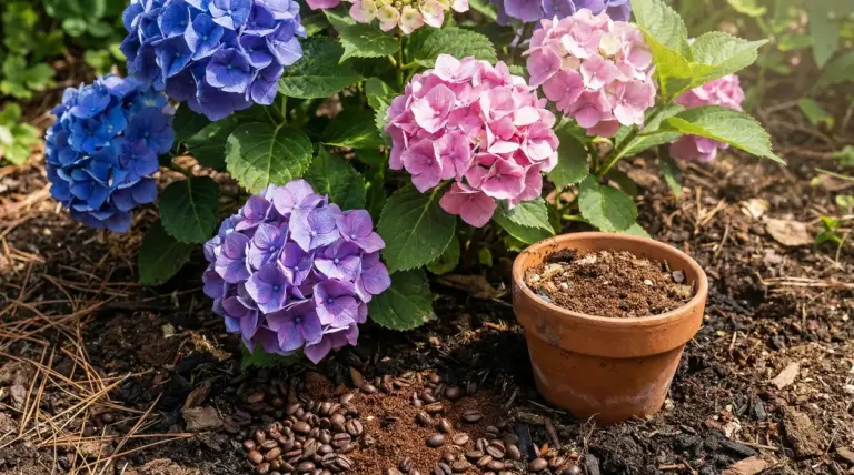 Ortensie blu, viola e rosa in giardino con vaso di terracotta e fondi di caffè sul terreno
