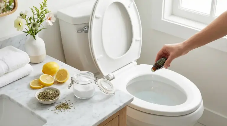 Persona versa olio essenziale nel WC; sul piano limoni, bicarbonato e rosmarino per profumare il bagno in modo naturale