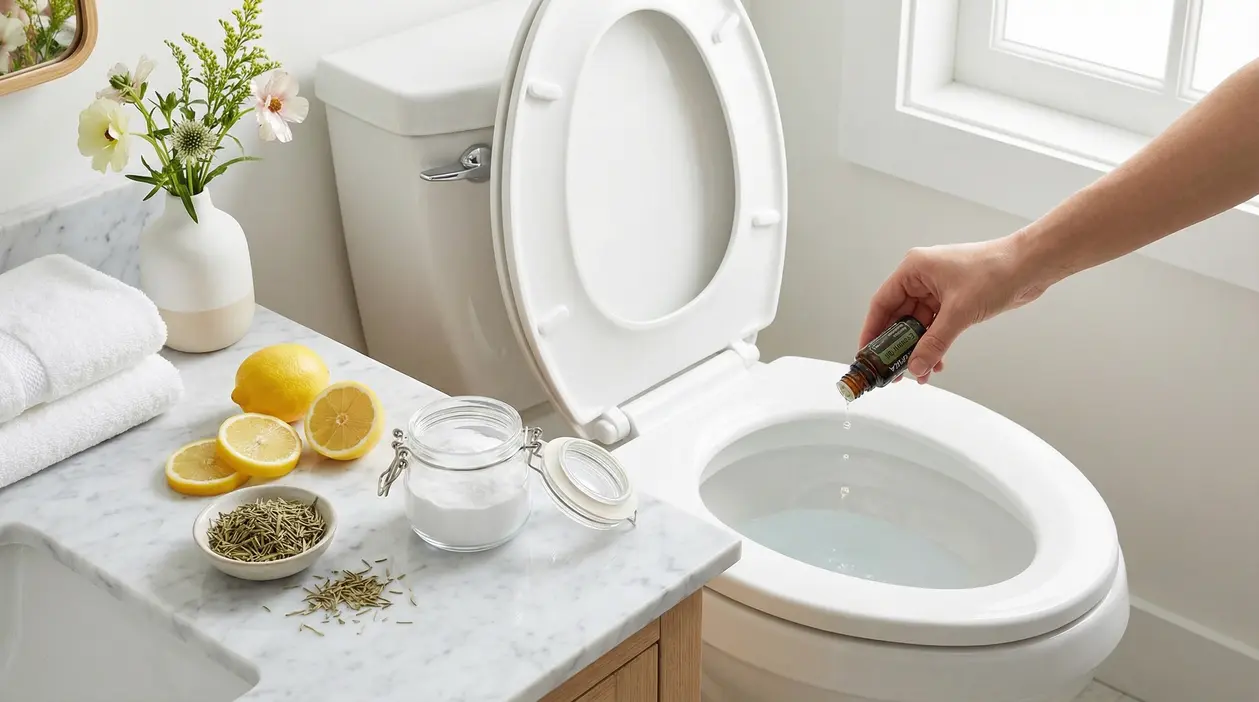 Persona versa olio essenziale nel WC; sul piano limoni, bicarbonato e rosmarino per profumare il bagno in modo naturale