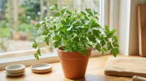 Pianta di prezzemolo in vaso di terracotta sul davanzale della cucina vicino a una finestra luminosa