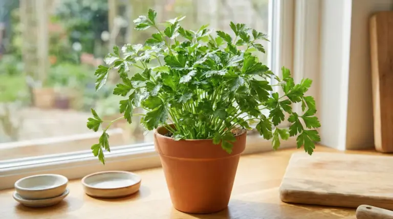 Pianta di prezzemolo in vaso di terracotta sul davanzale della cucina vicino a una finestra luminosa