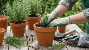 Mani con guanti che piantano una talea di rosmarino in un vaso di terracotta su un tavolo da giardino