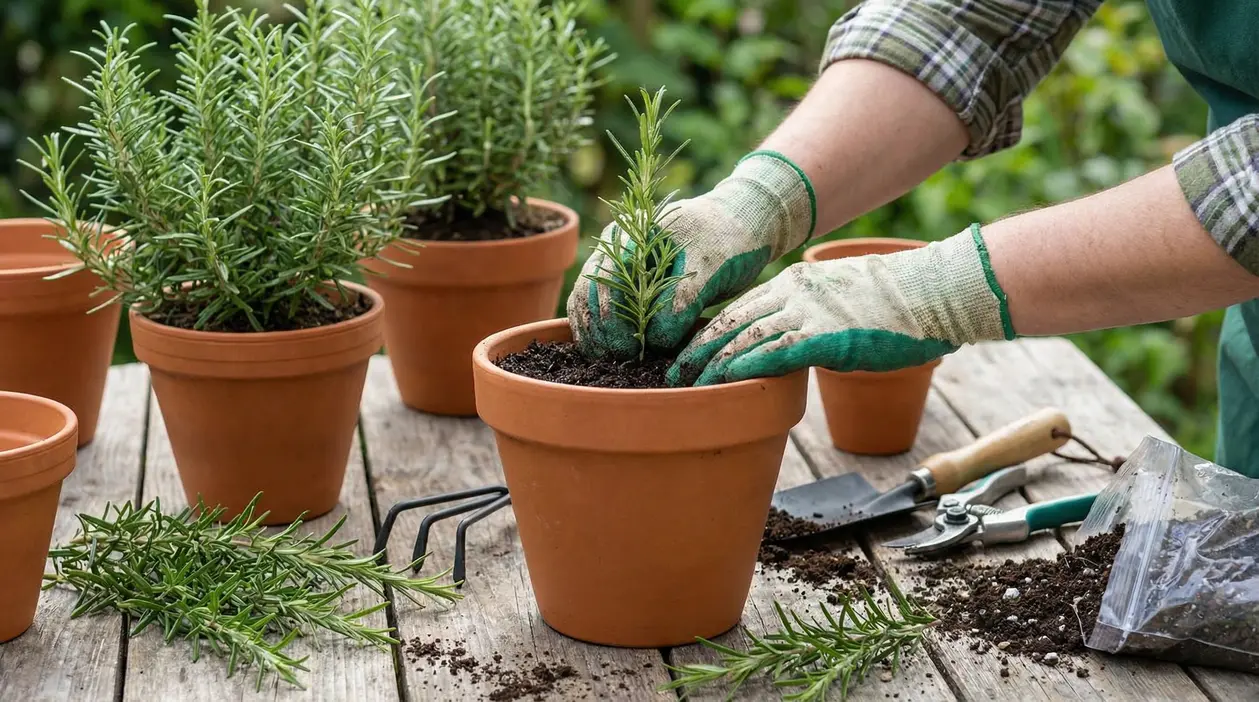 Mani con guanti che piantano una talea di rosmarino in un vaso di terracotta su un tavolo da giardino