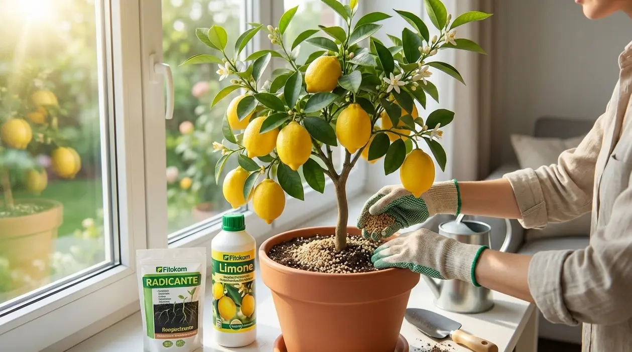 Persona concima un albero di limone in vaso vicino alla finestra, con frutti gialli e fiori bianchi