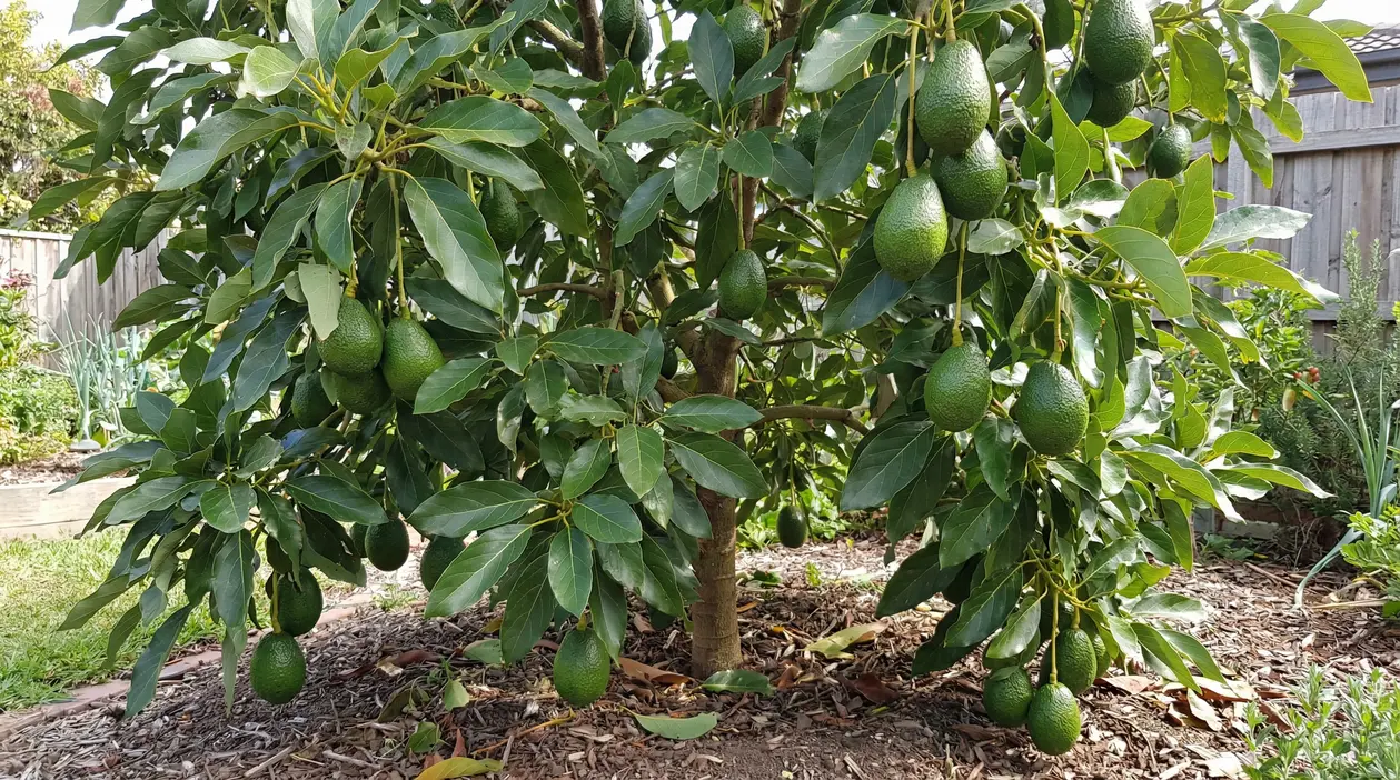 Albero di avocado in giardino con numerosi frutti maturi appesi tra le foglie
