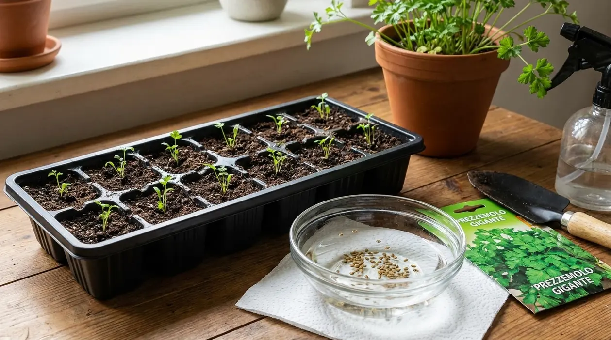 Seminiera con giovani piantine di prezzemolo, semi in ammollo e vaso sul tavolo vicino alla finestra