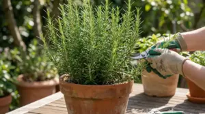 Potatura del rosmarino in vaso con cesoie e guanti da giardinaggio, su un tavolo all’aperto