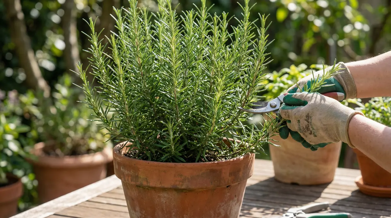 Potatura del rosmarino in vaso con cesoie e guanti da giardinaggio, su un tavolo all’aperto