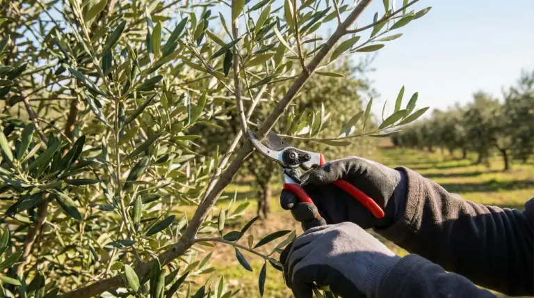 Mani con guanti che potano un ramo di ulivo con cesoie in un oliveto, per favorire la fioritura