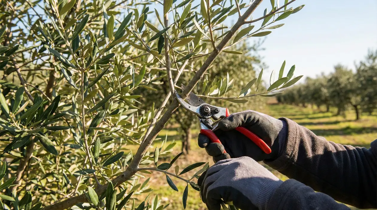 Mani con guanti che potano un ramo di ulivo con cesoie in un oliveto, per favorire la fioritura
