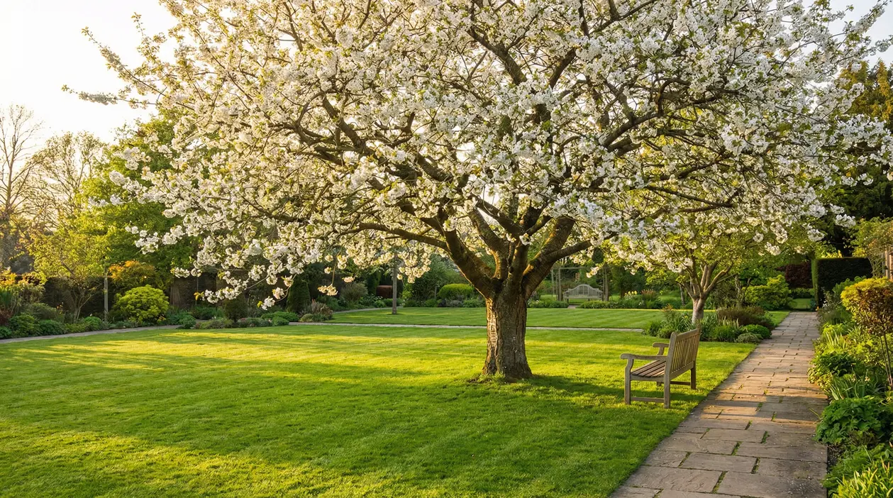 Albero da giardino in fiore con panchina su prato verde, in un parco con vialetto in pietra